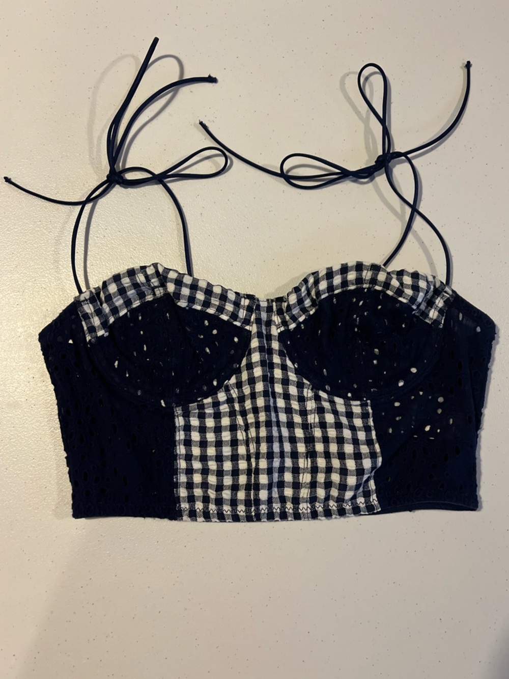 Urban Outfitters Navy & White Gingham Lace-Up Bustier Crop Top